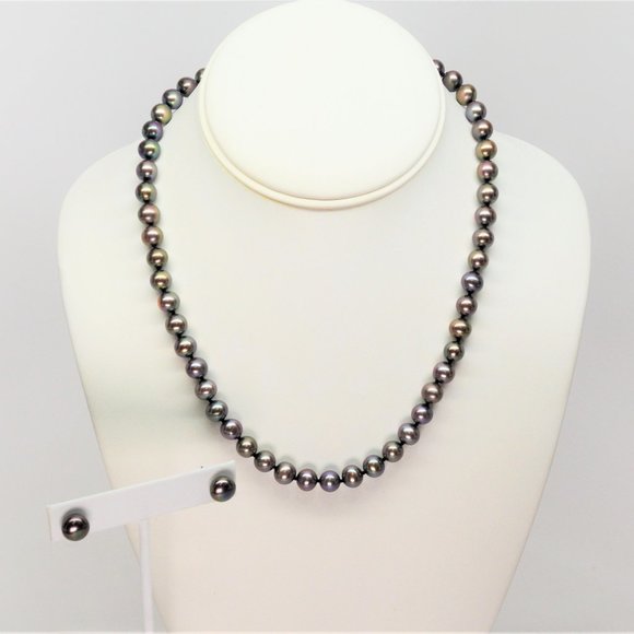 14KG Genuine Iridescent Pearl Necklace w Iridescent Button Pearl Post Earrings